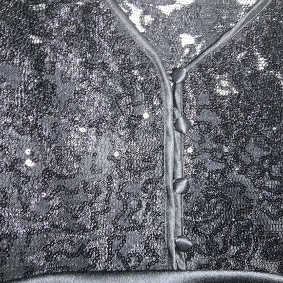 Tahari ASL fit & flare black cocktail dress Sz 12 satin waist sequin lace - Picture 6 of 8